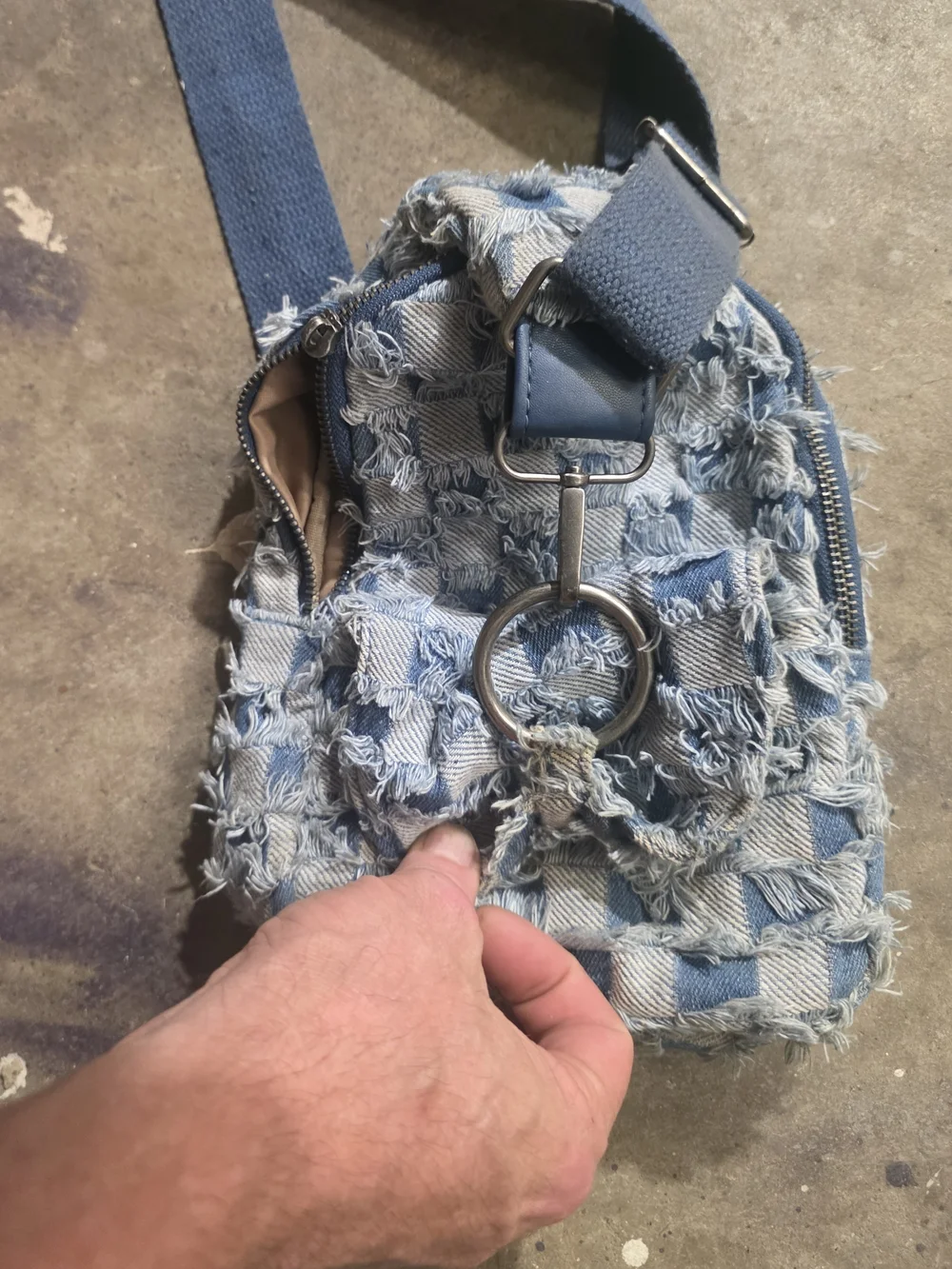 Frayed Denim Checker Crossbody Bag And Wallet Combo - Blue
